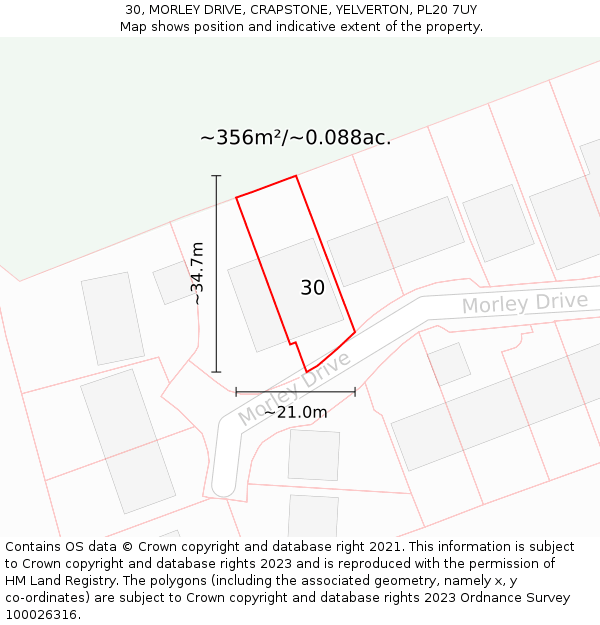 30, MORLEY DRIVE, CRAPSTONE, YELVERTON, PL20 7UY: Plot and title map