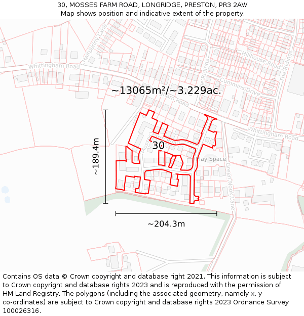 30, MOSSES FARM ROAD, LONGRIDGE, PRESTON, PR3 2AW: Plot and title map