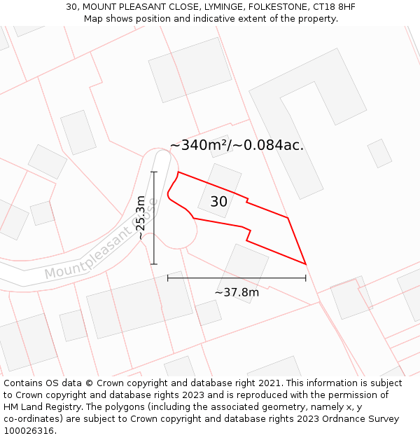 30, MOUNT PLEASANT CLOSE, LYMINGE, FOLKESTONE, CT18 8HF: Plot and title map