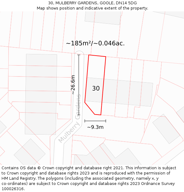 30, MULBERRY GARDENS, GOOLE, DN14 5DG: Plot and title map