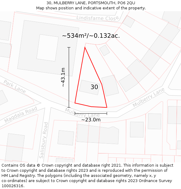 30, MULBERRY LANE, PORTSMOUTH, PO6 2QU: Plot and title map