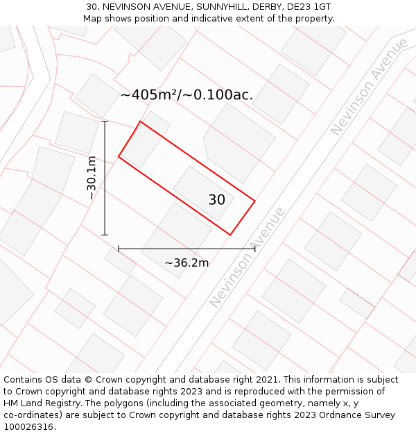 30, NEVINSON AVENUE, SUNNYHILL, DERBY, DE23 1GT: Plot and title map