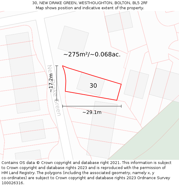 30, NEW DRAKE GREEN, WESTHOUGHTON, BOLTON, BL5 2RF: Plot and title map