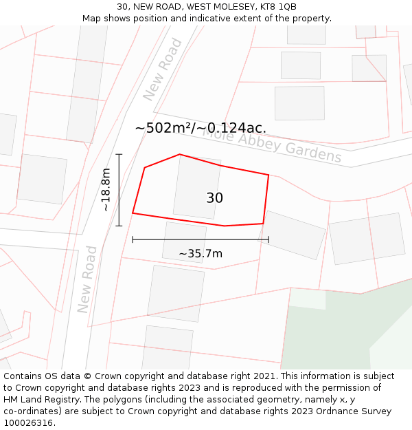 30, NEW ROAD, WEST MOLESEY, KT8 1QB: Plot and title map