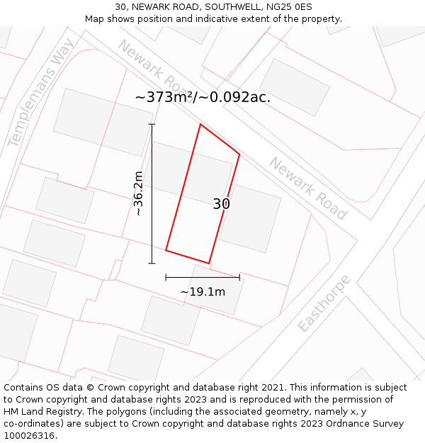 30, NEWARK ROAD, SOUTHWELL, NG25 0ES: Plot and title map