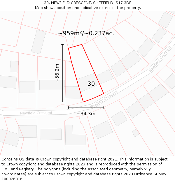 30, NEWFIELD CRESCENT, SHEFFIELD, S17 3DE: Plot and title map