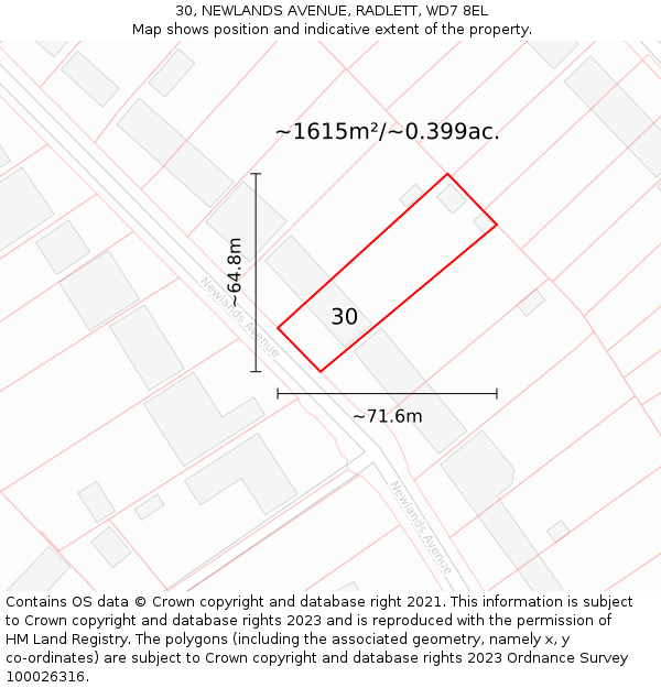 30, NEWLANDS AVENUE, RADLETT, WD7 8EL: Plot and title map