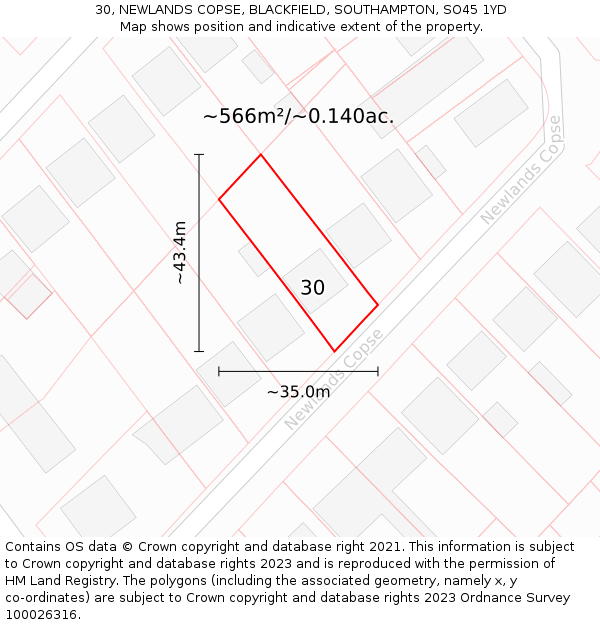 30, NEWLANDS COPSE, BLACKFIELD, SOUTHAMPTON, SO45 1YD: Plot and title map