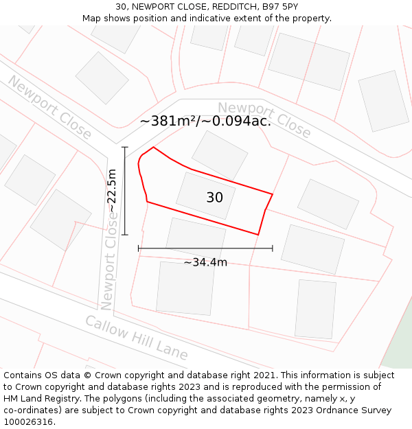 30, NEWPORT CLOSE, REDDITCH, B97 5PY: Plot and title map