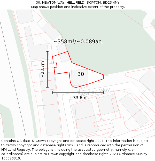 30, NEWTON WAY, HELLIFIELD, SKIPTON, BD23 4NY: Plot and title map