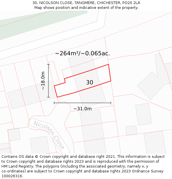 30, NICOLSON CLOSE, TANGMERE, CHICHESTER, PO20 2LA: Plot and title map