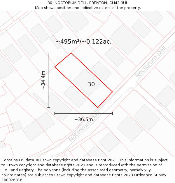 30, NOCTORUM DELL, PRENTON, CH43 9UL: Plot and title map