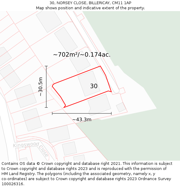 30, NORSEY CLOSE, BILLERICAY, CM11 1AP: Plot and title map