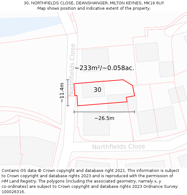 30, NORTHFIELDS CLOSE, DEANSHANGER, MILTON KEYNES, MK19 6UY: Plot and title map