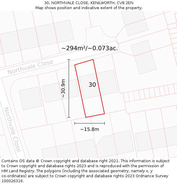 30, NORTHVALE CLOSE, KENILWORTH, CV8 2EN: Plot and title map
