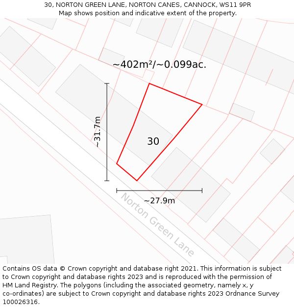 30, NORTON GREEN LANE, NORTON CANES, CANNOCK, WS11 9PR: Plot and title map
