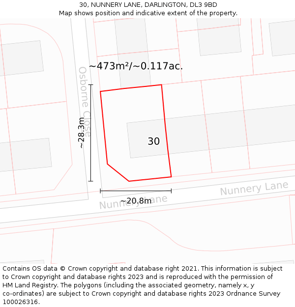 30, NUNNERY LANE, DARLINGTON, DL3 9BD: Plot and title map
