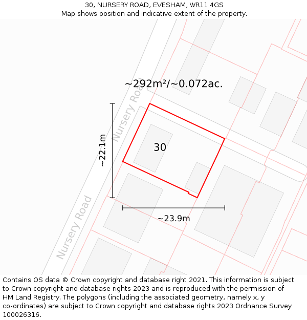 30, NURSERY ROAD, EVESHAM, WR11 4GS: Plot and title map