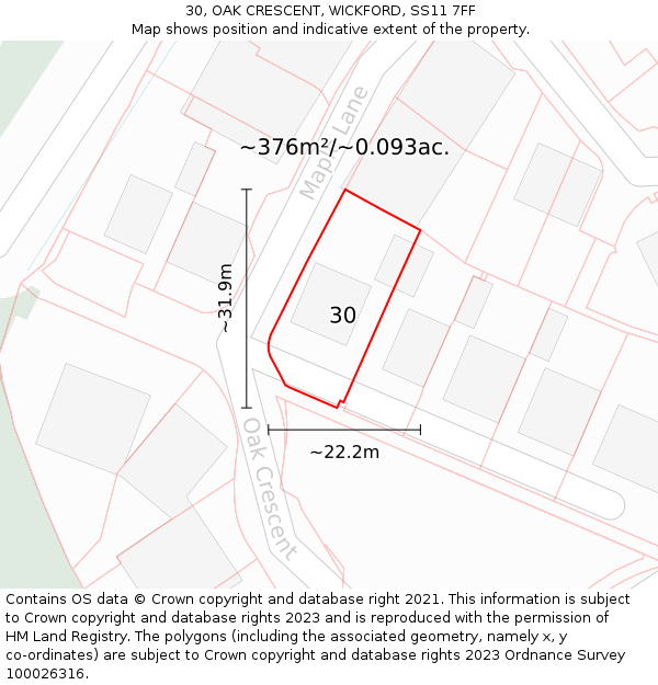 30, OAK CRESCENT, WICKFORD, SS11 7FF: Plot and title map