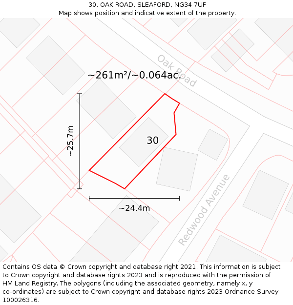30, OAK ROAD, SLEAFORD, NG34 7UF: Plot and title map