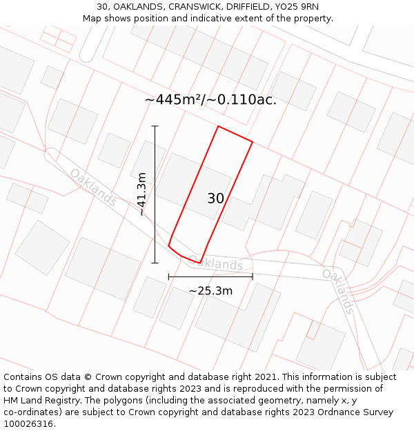30, OAKLANDS, CRANSWICK, DRIFFIELD, YO25 9RN: Plot and title map