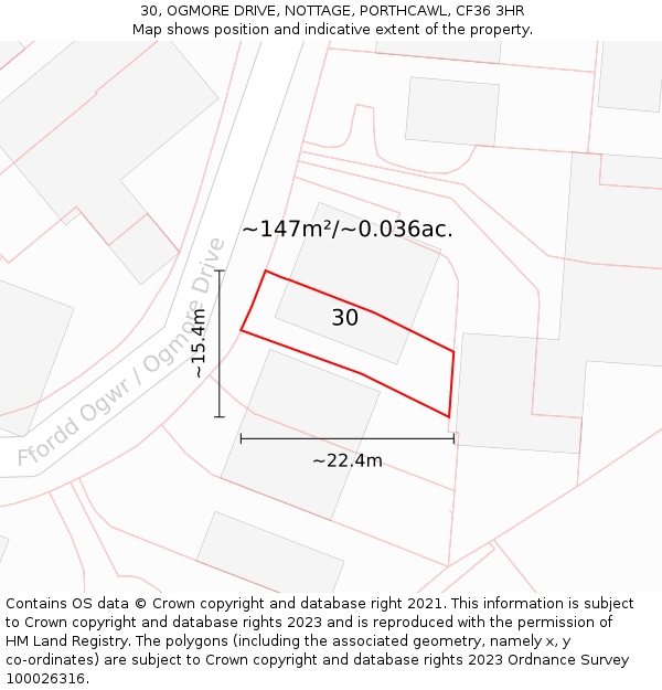 30, OGMORE DRIVE, NOTTAGE, PORTHCAWL, CF36 3HR: Plot and title map