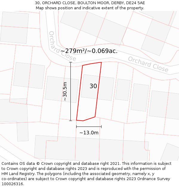30, ORCHARD CLOSE, BOULTON MOOR, DERBY, DE24 5AE: Plot and title map