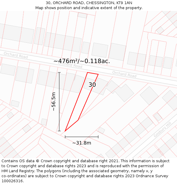 30, ORCHARD ROAD, CHESSINGTON, KT9 1AN: Plot and title map
