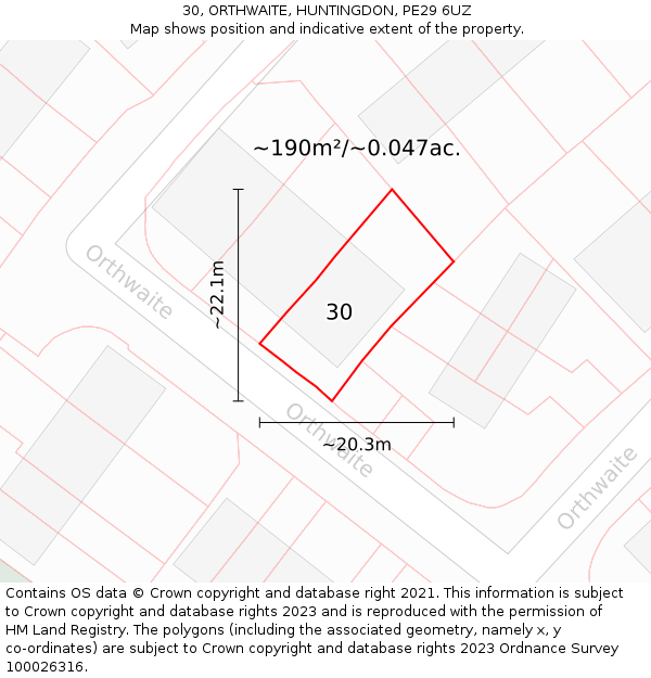 30, ORTHWAITE, HUNTINGDON, PE29 6UZ: Plot and title map