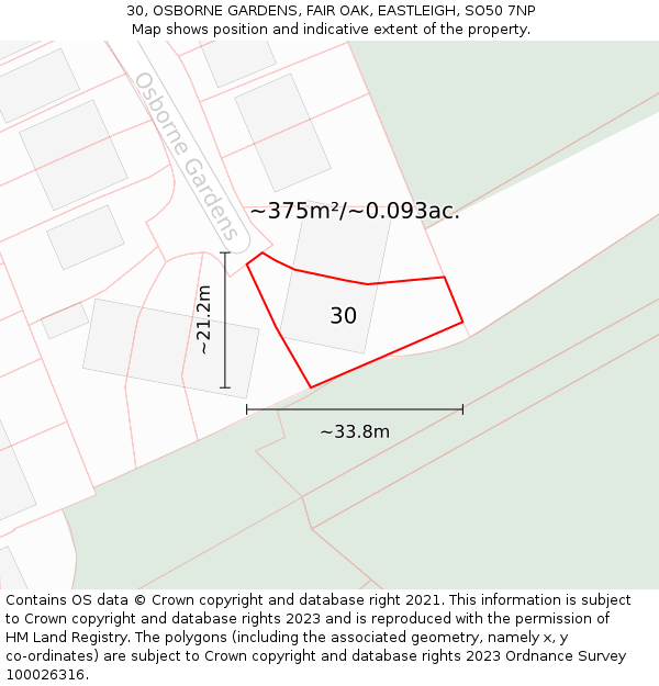 30, OSBORNE GARDENS, FAIR OAK, EASTLEIGH, SO50 7NP: Plot and title map