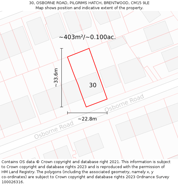 30, OSBORNE ROAD, PILGRIMS HATCH, BRENTWOOD, CM15 9LE: Plot and title map