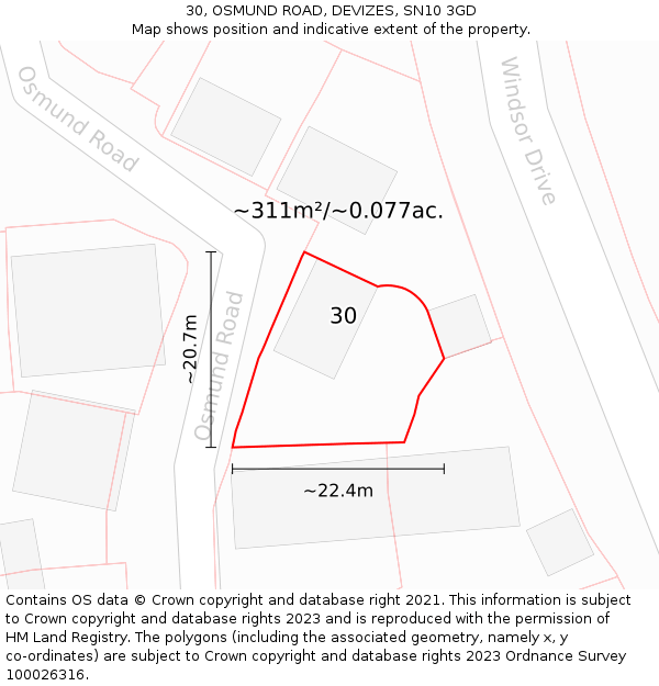 30, OSMUND ROAD, DEVIZES, SN10 3GD: Plot and title map