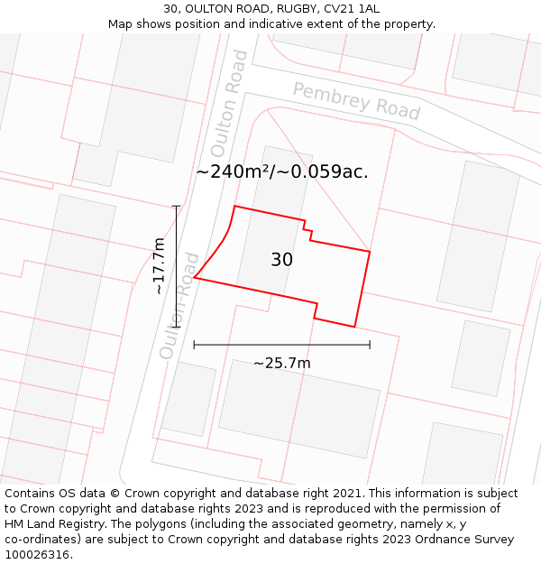 30, OULTON ROAD, RUGBY, CV21 1AL: Plot and title map
