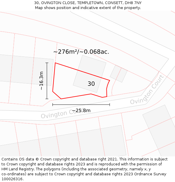 30, OVINGTON CLOSE, TEMPLETOWN, CONSETT, DH8 7NY: Plot and title map