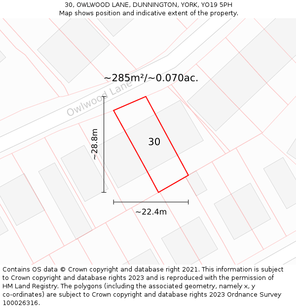 30, OWLWOOD LANE, DUNNINGTON, YORK, YO19 5PH: Plot and title map