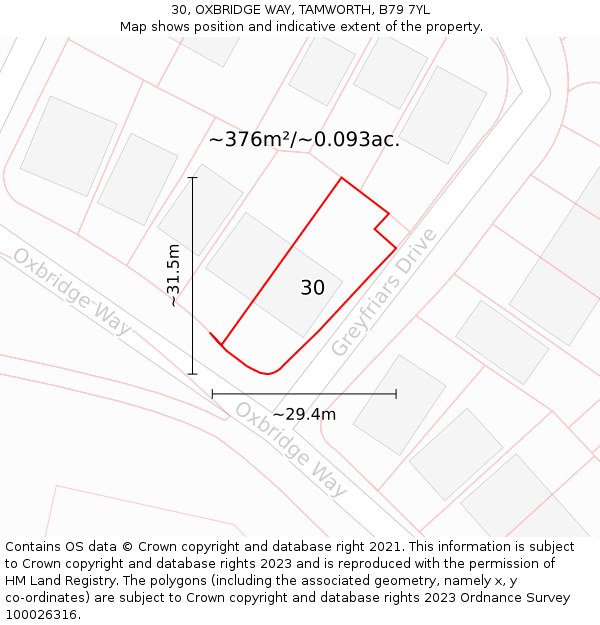 30, OXBRIDGE WAY, TAMWORTH, B79 7YL: Plot and title map