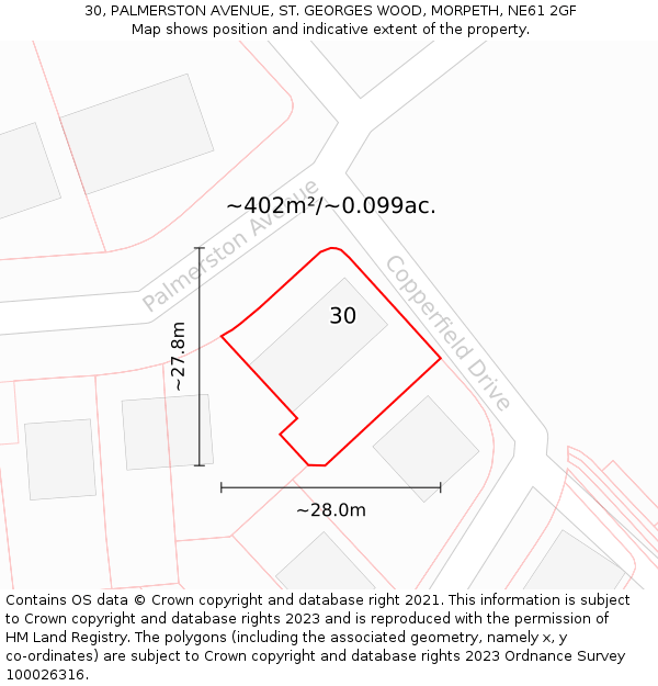 30, PALMERSTON AVENUE, ST. GEORGES WOOD, MORPETH, NE61 2GF: Plot and title map