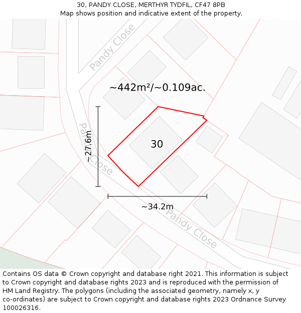 30, PANDY CLOSE, MERTHYR TYDFIL, CF47 8PB: Plot and title map