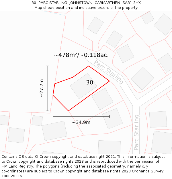 30, PARC STARLING, JOHNSTOWN, CARMARTHEN, SA31 3HX: Plot and title map