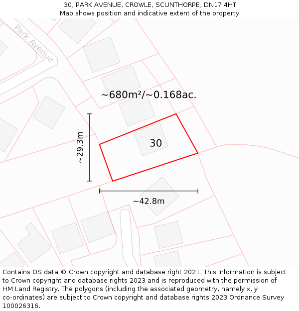 30, PARK AVENUE, CROWLE, SCUNTHORPE, DN17 4HT: Plot and title map