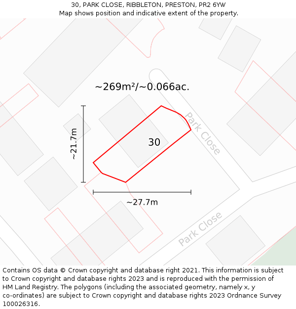 30, PARK CLOSE, RIBBLETON, PRESTON, PR2 6YW: Plot and title map