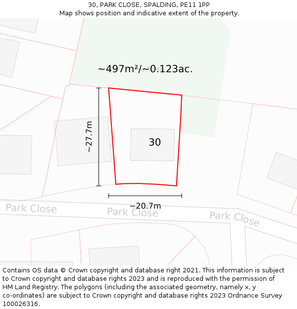 30, PARK CLOSE, SPALDING, PE11 1PP: Plot and title map