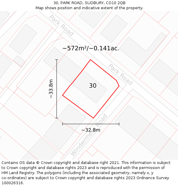 30, PARK ROAD, SUDBURY, CO10 2QB: Plot and title map