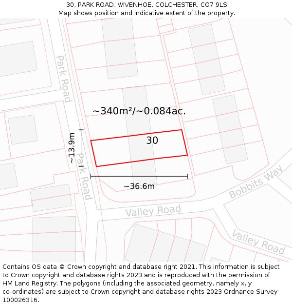 30, PARK ROAD, WIVENHOE, COLCHESTER, CO7 9LS: Plot and title map