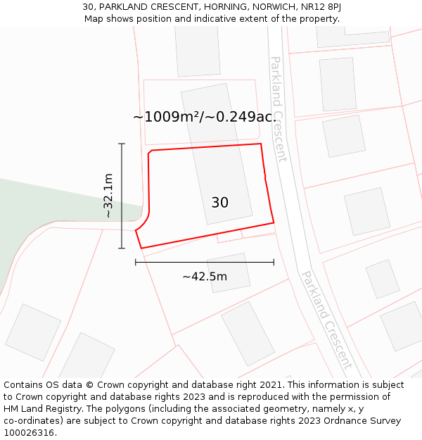 30, PARKLAND CRESCENT, HORNING, NORWICH, NR12 8PJ: Plot and title map