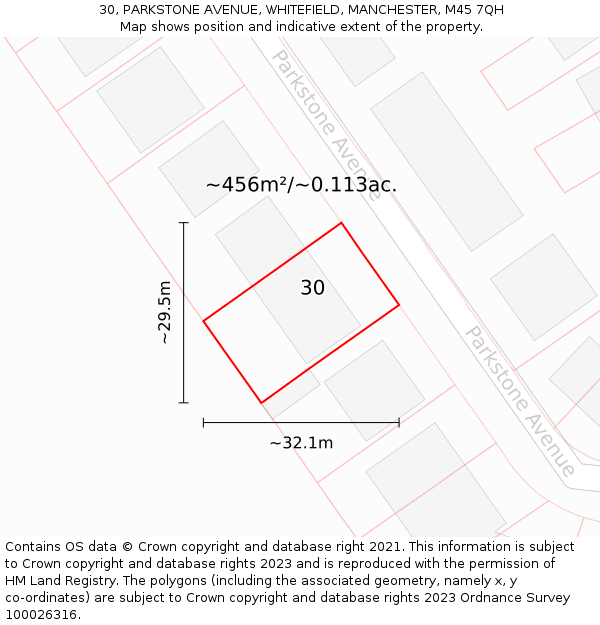 30, PARKSTONE AVENUE, WHITEFIELD, MANCHESTER, M45 7QH: Plot and title map