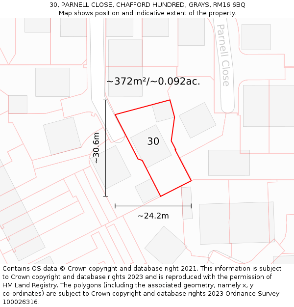 30, PARNELL CLOSE, CHAFFORD HUNDRED, GRAYS, RM16 6BQ: Plot and title map