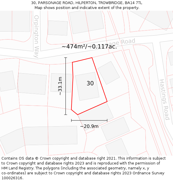 30, PARSONAGE ROAD, HILPERTON, TROWBRIDGE, BA14 7TL: Plot and title map