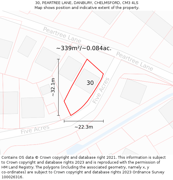 30, PEARTREE LANE, DANBURY, CHELMSFORD, CM3 4LS: Plot and title map