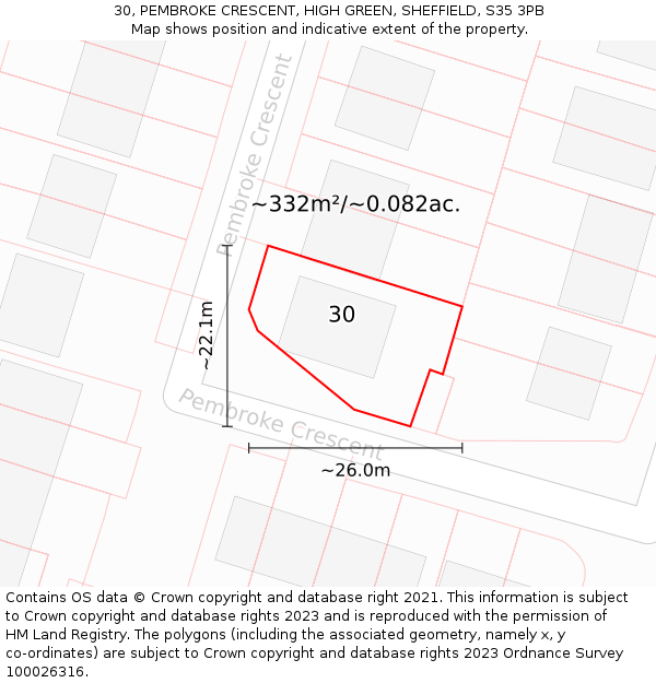 30, PEMBROKE CRESCENT, HIGH GREEN, SHEFFIELD, S35 3PB: Plot and title map